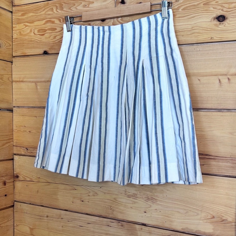 Linen Striped Pleated Mini Skirt Womens Medium Blue White Tennis Skater Zara - Picture 2 of 8